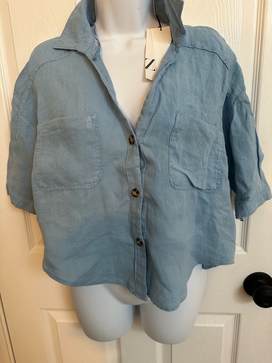 Zara Tops - Zara Soft Blue Linen oversized crop Top